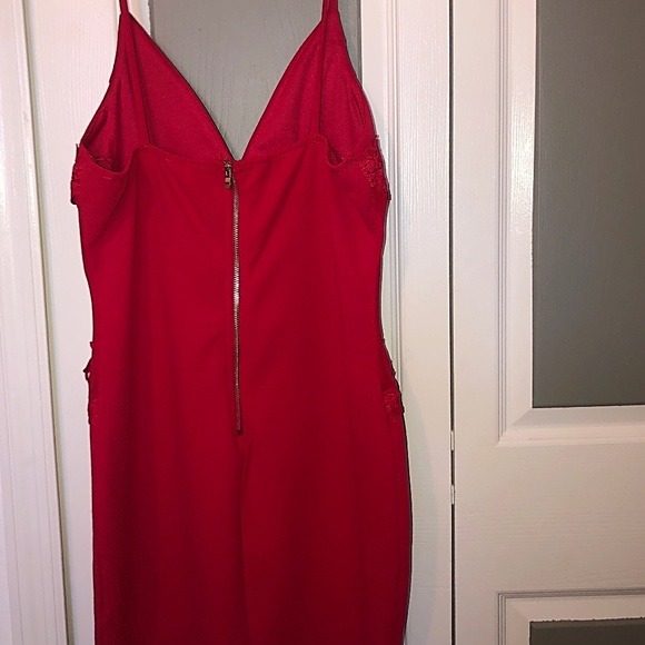 Red Mesh Sided Lace Dress - Picture 2 of 3